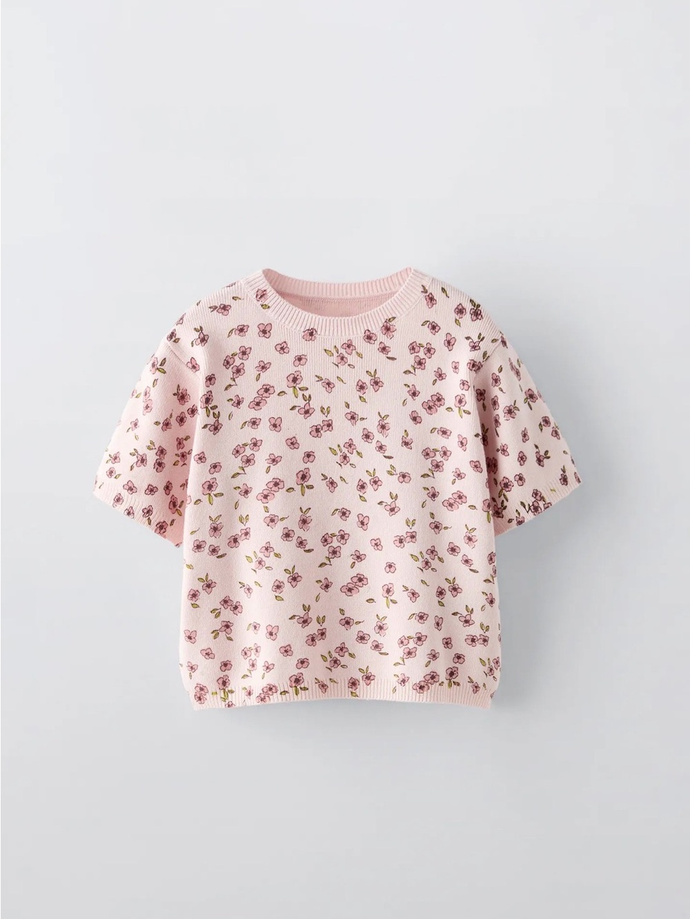 Zara Pink Floral Knit Short-Sleeve Top